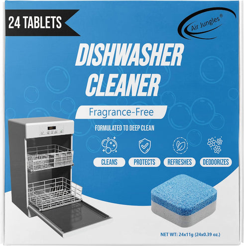 Air Jungles Dishwasher Cleaner Tablets, 24 Count, Fragrance Free, Deep Cleaning Descaler Pods, 12 Month Supply