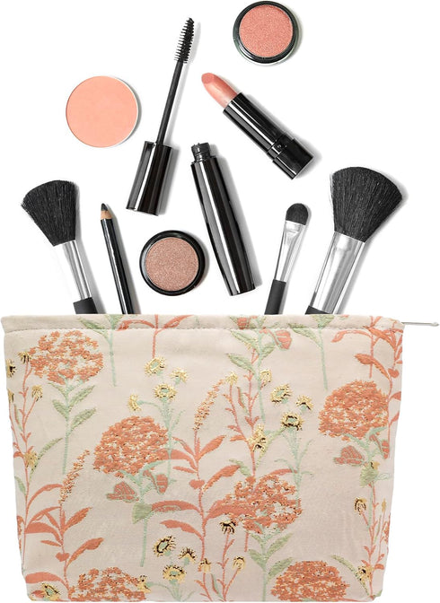 PAZIMIIK Large Zipper Makeup Bags for Purse, Travel Canvas Cosmetic Pouch, Brocade Flower Pink Organizer for Women and