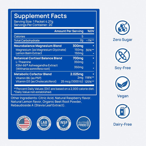 Ksm-66 D3, B6, 20 Selerb CalmTrio Magnesium Glycinate Powder Cortisol Drink Mix - No Sugar with L-Theanine