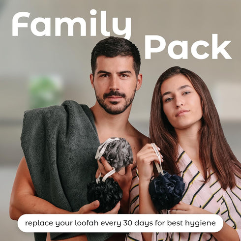 MainBasics Bath Shower Loofah Sponge Pouf, Body Scrubber Exfoliator Body Wash Sponge (Set of 3, Black Ice)
