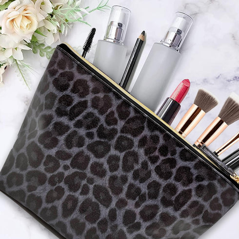 Vegan Leather Black Leopard Print Makeup Bag, Cute Travel Accessories Small Cosmetic Zipper Pouch