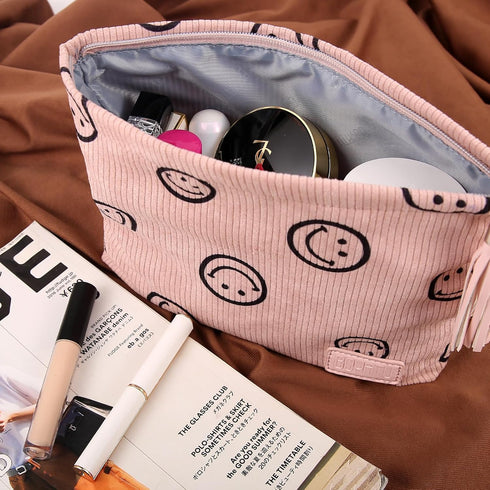 Makeup Pouch Small Cosmetic Bag: Cute Pouches for Purse with Tassel - Smiley Face Makeup Bags for Women Pink