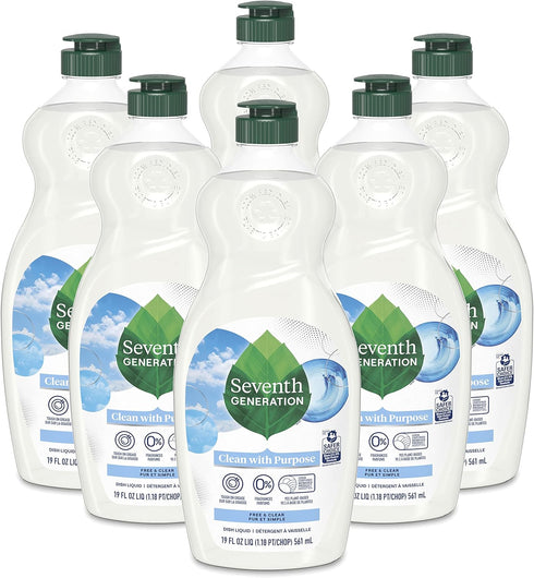 Seventh Generation Dish Liquid Soap Free & Clear, Pack of 6 Dishwashing Soap for Sensitive Skin, 19 oz