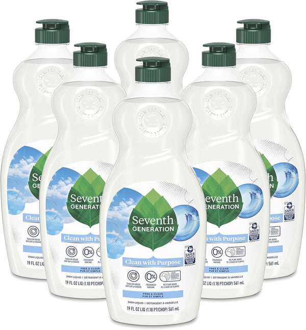 Seventh Generation Dish Liquid Soap Free & Clear, Pack of 6 Dishwashing Soap for Sensitive Skin, 19 oz