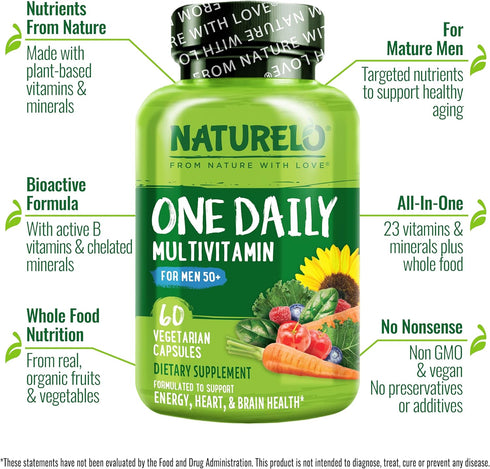 NATURELO Mens Multivitamins for Men 50+ - One Daily Multivitamin with Organic Whole Foods, Vitamins & Minerals, 60