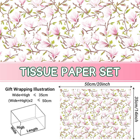 100 Sheets Pink Magnolia Flowers Printed Tissue Paper Floral Pattern and Leaves Art Decorative Tissue for Gift Wrapping Supplies by Bolsome