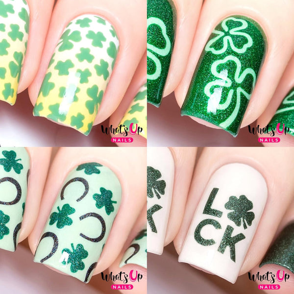 Whats Up Nails - Saint Patrick's Day Nail Vinyl Stencils 4pcs for Nail Art Design (Clover Field, Shamrock, Luck)