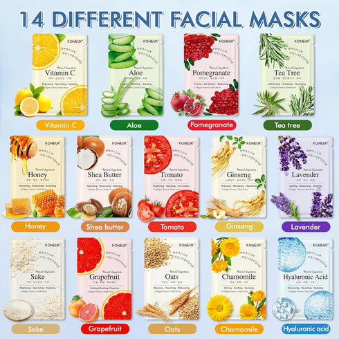 14 Pack Sheet Face Masks Skincare for All Skin Types, Hydrating Masks for Sensitive Skin, Bulk Facial Mask Set