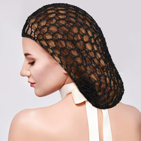 Waydress 2 Pieces Rayon Knit Mesh Hair Net Snood, Crocheted Sleep Cap for Women (Black)