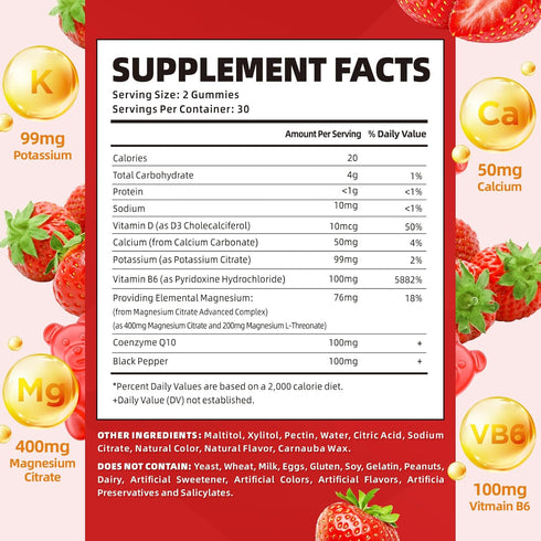 Potassium Gummies for Adults, High Absorption Magnesium Potassium Supplement with Vitamin B6 for Leg Cramps & Muscle Health Sugar-Free Vegan Strawberry 60 Gummies