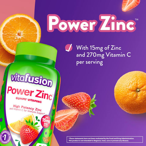 Vitafusion Power Zinc Gummy Vitamins, Immune Support, Strawberry Tangerine Flavor, 90 Count