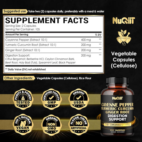 Extract 10:1 Cayenne Pepper Supplement with Turmeric Curcumin, Ginger Root, 210 Capsules for Immune Support