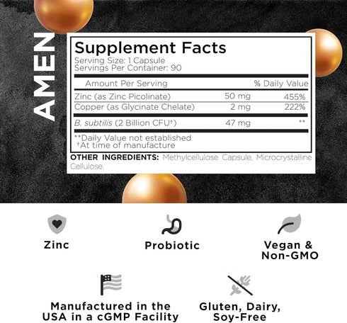 Amen Zinc & Copper Supplement + Probiotics, 3 Months Supply, One Per Day - 50 mg Zinc Picolinate Vitamin Pills - Essential Minerals Supplements – 2 Billion CFUs Probiotic – Vegan, Non-GMO, 90 Capsules
