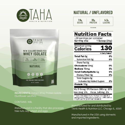 Taha Health & Nutrition Natural Whey Protein Isolate Powder, 30g Protein, 2LB, New Zealand Grass-Fed