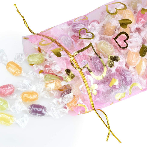100PCS Heart Printed Organza Bags - Gift Jewelry Candy Bags for Wedding Valentine's Day 5x7Inch