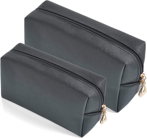 2pcs PU Leather Cosmetic Bag for Women, Minimalism Makeup Pouch for Daily Use, Black