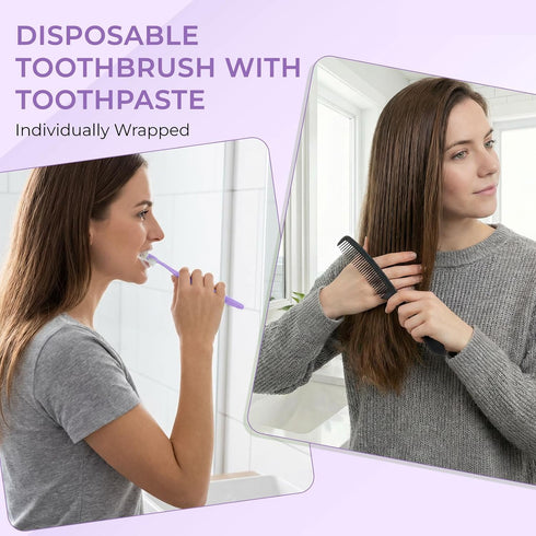 HOIQIRY Pack 100,Purple Disposable Toothbrushes with Toothpaste and Comb - of Soft Bristle Individually Wrapped Single
