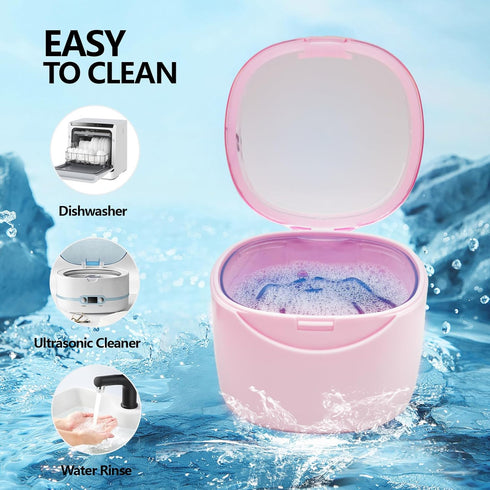Leak Proof Partial Denture Case with Strainer Basket and Brush, Waterproof Cleaning Bath Case for Dentures, Braces,