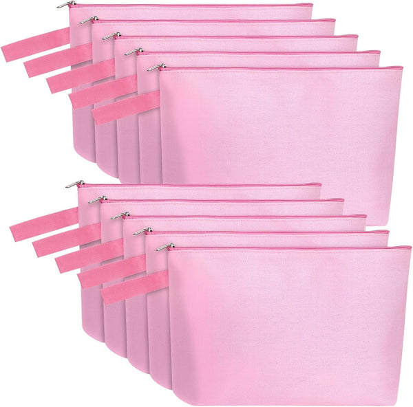 10 Pieces Cotton Canvas Makeup Bag with Bottom and Strap, Multi-Purpose Cosmetic Pouch, Blank DIY Craft Bag (Pink, L)