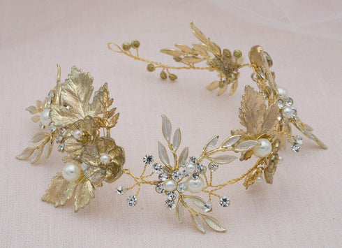 Kercisbeauty Vintage Gold Flower Leaf Headband, Rhinestones Pearl Hair Vine Bridal Tiara for Women