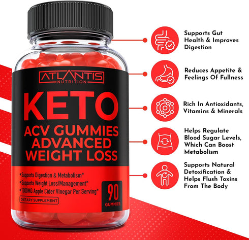 Gummies Gummies 1000MG 90 Count Atlantis Nutrition Keto ACV for Weight Loss - Supports Digestion, Weight Loss, Detox