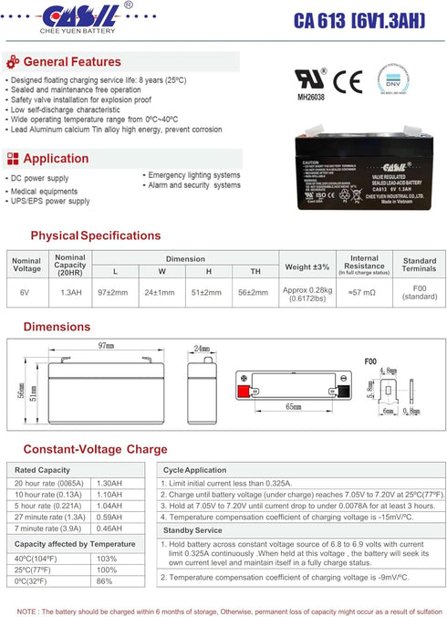 Casil 6V 1.3Ah AGM SLA Rechargeable Replacement Battery