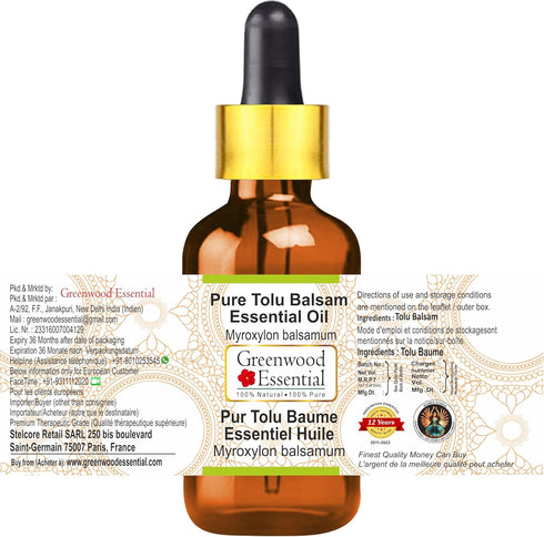 Pure Tolu Balsam Essential Oil (Myroxylon balsamum) with Glass Dropper, Steam Distilled 30ml (1.01 oz)