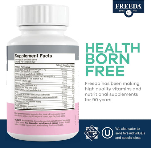 Mini Prenatal Vitamin FREEDA - Kosher Prenatals - Tiny Easy to Swallow Tablets - 240 Count