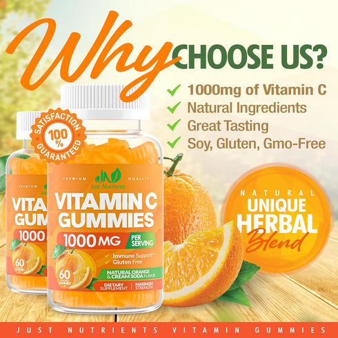 Vitamin C 1000mg Gummies for Adults & Kids - Immune & Collagen Support with Zinc, 60 Gummies