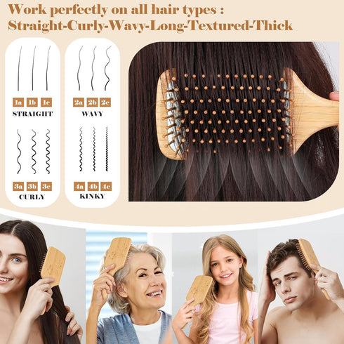 Natural Wooden Bamboo Hair Brush and Detangle Tail Comb, Paddle Hairbrush for Women, Men, Kids, Curly Hair Health
