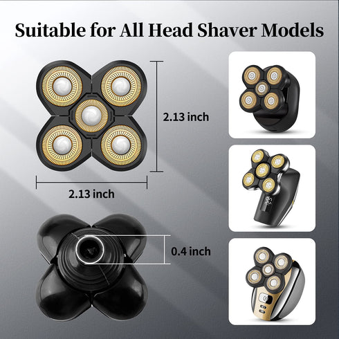 Replacement Head for Electric Shaver, 5D Close Mens Razor Head, Waterproof Wet & Dry Bald Shavers Blade (Gold)