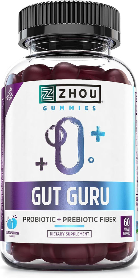 Zhou Nutrition Gut Guru - 60 Count, 2 in 1 Probiotic and Prebiotic Gummies for Digestive Health, Vegan, Gluten Free