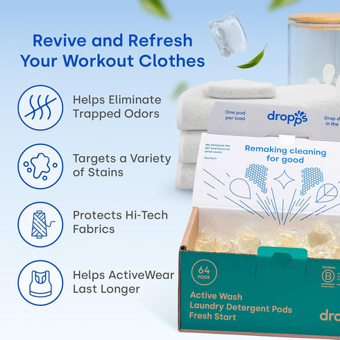 Dropps Activewear Biobased Power Laundry Detergent Pods, Crisp Breeze, 64 Tablets, HE Compatible Laundry Supplies