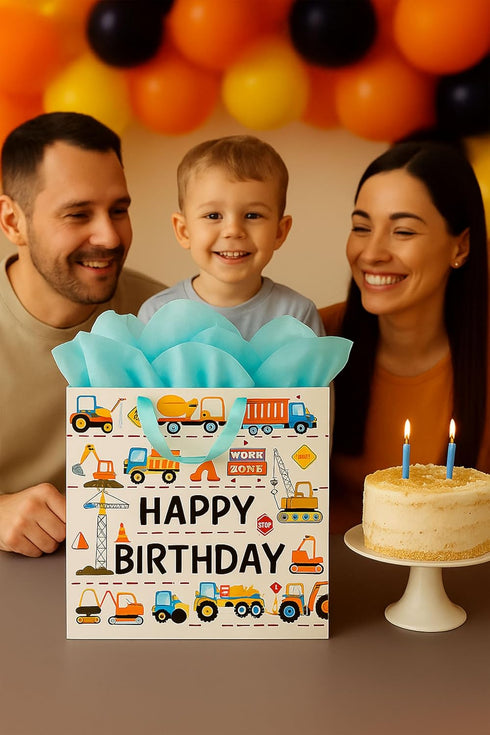 Shimmer 13 Set Packaging Anna Shine Large Construction Vehicles Birthday Gift Bag Trucks, Tractors & Cranes Design