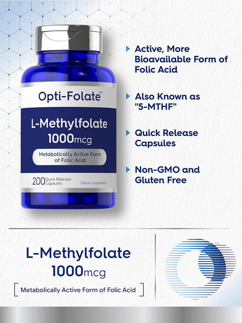 Carlyle L Methylfolate 1000mcg, 200 Capsules, Non-GMO, Gluten Free, Optimized and Activated