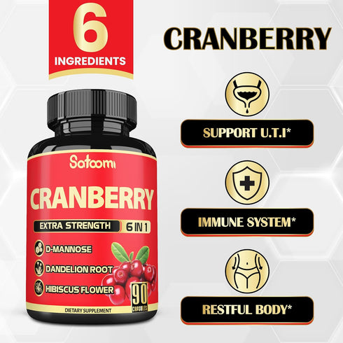 Satoomi 6in1 Cranberry Pills for Women - 90 Veggie Capsules, 3-Month Supply, 6 Herbal Ingredients Extract
