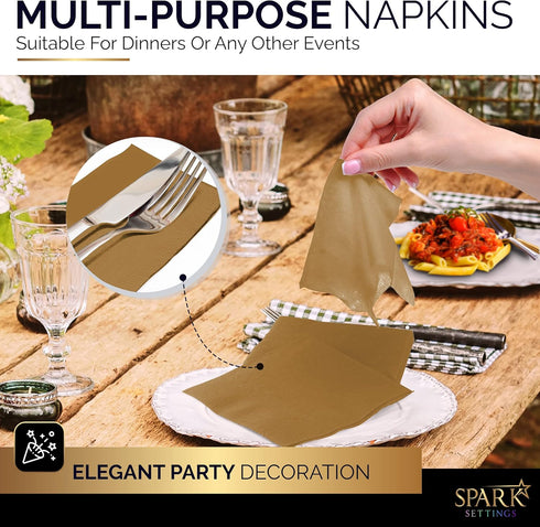 Amcrate 100 Pack Gold Beverage Napkins, 2 Ply, Ideal for Wedding, Party, Birthday, Dinner, Lunch, Cocktails (5” x 5”)