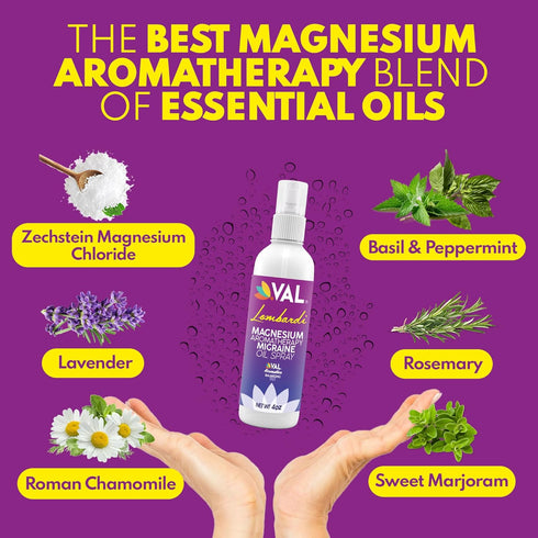 VAL Lombardi Magnesium Aromatherapy Spray – 4 oz, Migraine & Headache Relief Oil with Lavender, Peppermint & Chamomile