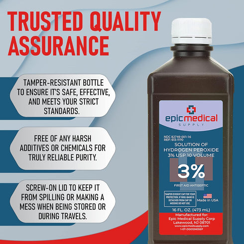 H2O2 3% 16 oz, 16oz (Pack 2) Epic Medical Supply Hydrogen Peroxide Solution USP - First Aid Antiseptic & Multipurpose