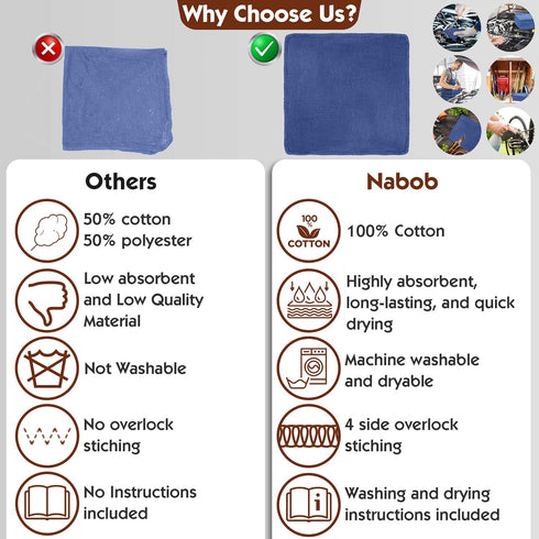 Nabob Wipers 100 Pack 100% Commercial 14"x14" (100 Pack, Auto Mechanic Shop Towels Bulk Rags Cotton Grade Shop Rags