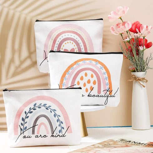 4 Pcs Rainbow Makeup Bag Set, Inspirational Gift Bags for Women Girls, You Are Loved Makeup Bag, Personalized Canvas