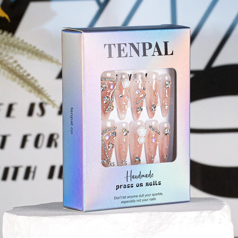 Stiletto Press on Nails, Pink Ballet Almond Nails with Diamond Camellia Designs, 10pcs Handmade Acrylic Fake Nails