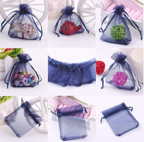 Stratalife 5X7 Sheer Organza Bags with Drawstring, 100 Pcs Navy Blue Gift Baggies for Wedding Party Favor