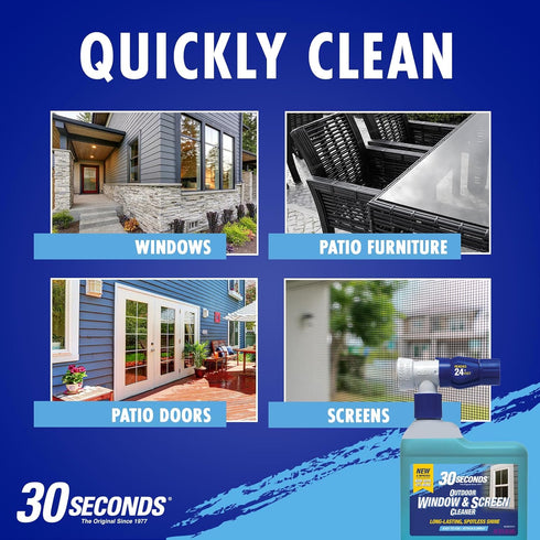 30 SECONDS Concentrated Outdoor Window & Screen Cleaner for Glass, Patio Doors, Furniture - No Screen Removal, Spray &
