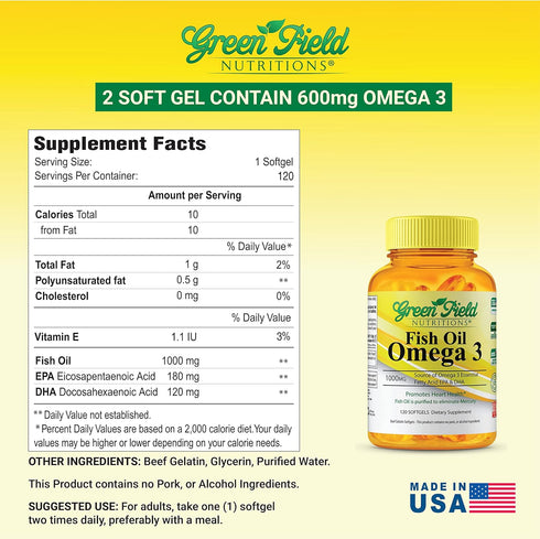 Greenfield Nutritions Halal Fish Oil 1000mg, 120 Pills - 300mg Halal Omega 3, EPA 180mg & DHA 120mg, Non-GMO