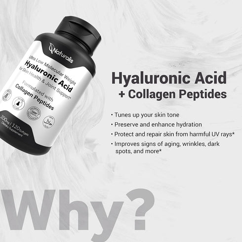 Naturalis Hyaluronic Acid 200mg, Ultra Low Molecular Weight with Collagen, Biotin, Selenium & Vitamin E for Hair, Skin,