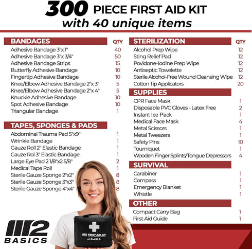 M2 BASICS Professional 300 Piece First Aid Kit - Emergency Medical Supplies for Home, Travel, Office & Kids