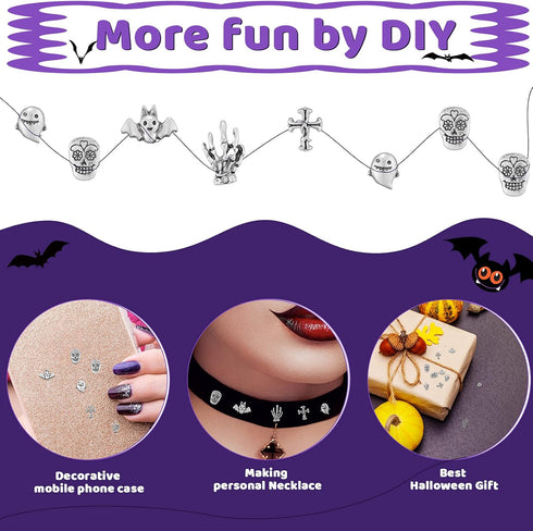 Leelosp 100 Pieces Halloween 3D Nail Charms Skull Ghost Bat Skeleton Punk Hand Shape Metal Alloy Decor for DIY Nail