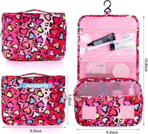 Kids Hanging Toiletry Bag for Girls, Waterproof Travel Cosmetic Makeup Wash Bag, Toddler Toiletries, Leopard Red