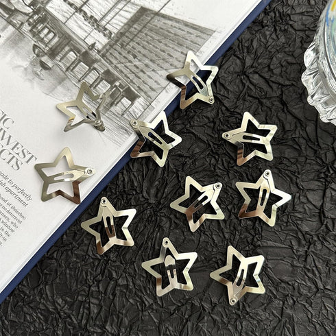Star Hair Clips 2000s Y2K Snap Hair Barrettes, Non Slip Silver Metal Hair Accessories for Girls Women